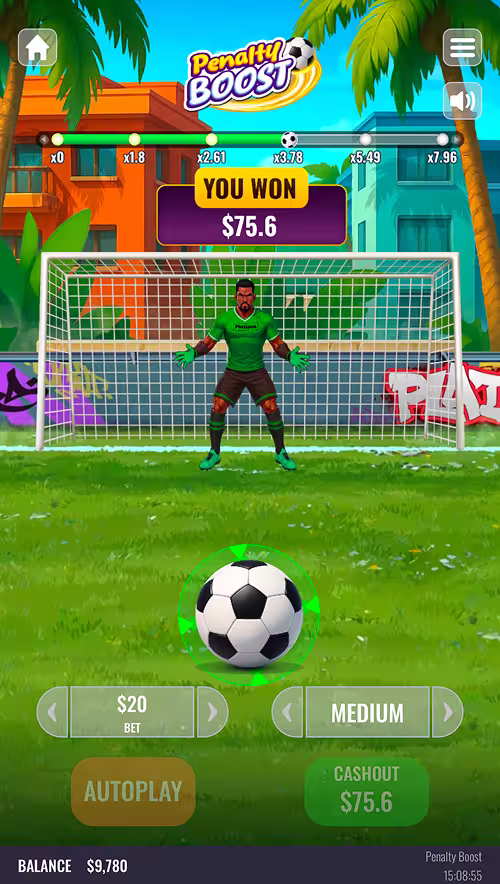 A gameplay screenshot of Penalty Boost by Platipus cashing out the running multiplier total