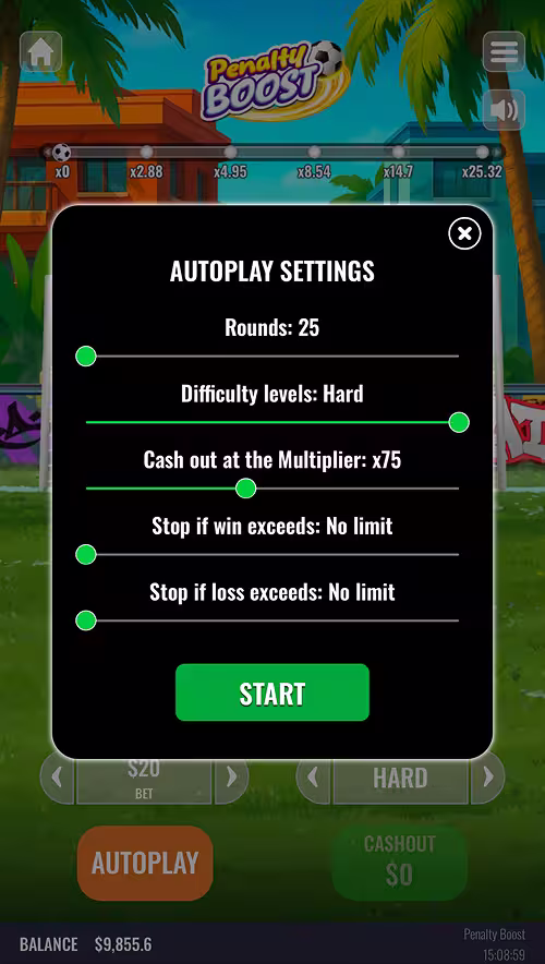 A gameplay screenshot of Penalty Boost by Platipus featuring the auto play menu settings