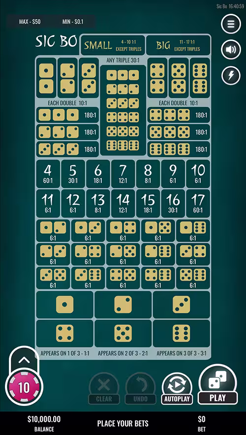 A gameplay screenshot of Sic Bo by Platipus