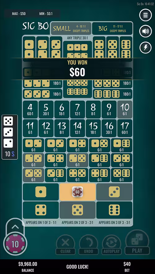 A gameplay screenshot of Sic Bo by Platipus