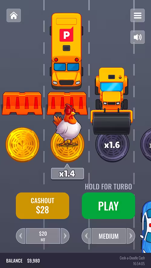 A gameplay screenshot of Cock-a-Doodle Cash by Platipus taking steps across the road collecting multipliers
