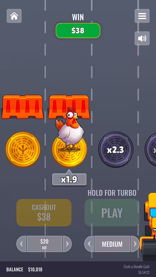 A gameplay screenshot of Cock-a-Doodle Cash by Platipus cashing out a winning round