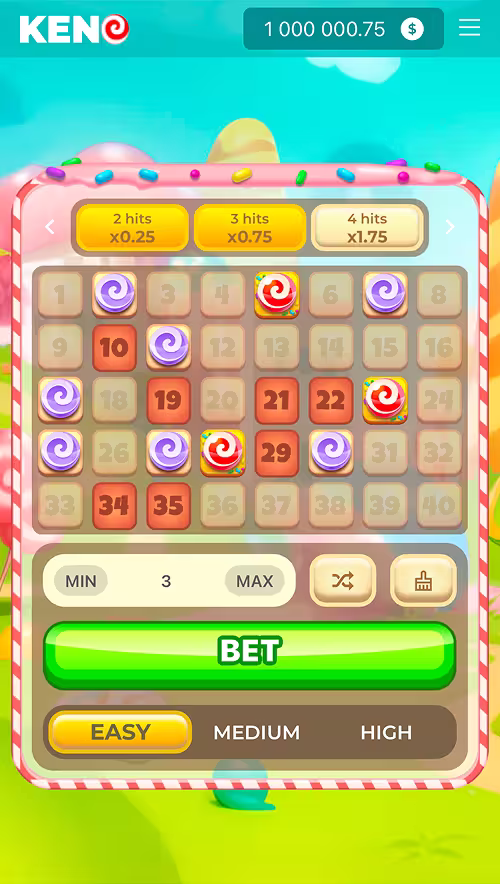 A gameplay screenshot of Sweet Keno by InOut Games on easy volatility with 10 picks