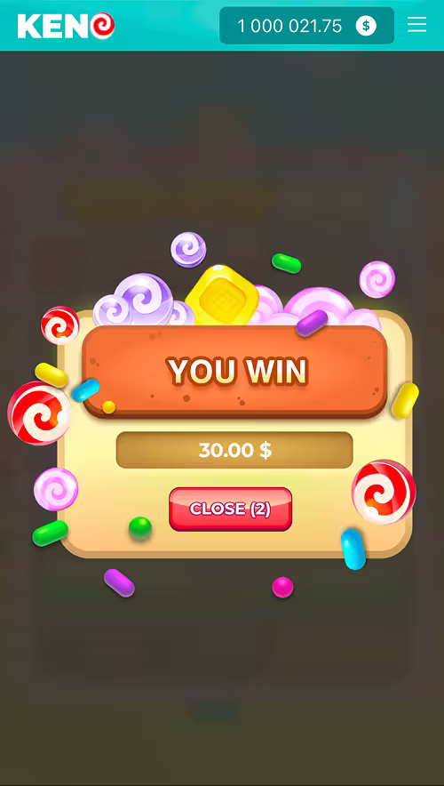 A gameplay screenshot of Sweet Keno by InOut Games featuring a big win popup celebration