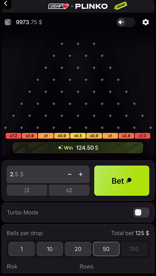 A gameplay screenshot of Plinko by 100HP Gaming
