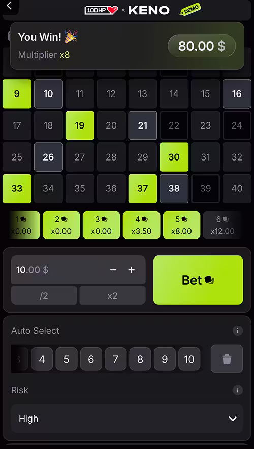 Keno mobile gameplay screenshot 2