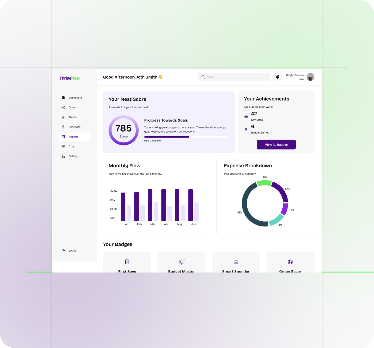 ThriveNest dashboard showing nest score, expense breakdown, and financial progress for trauma informed financial literacy programs.