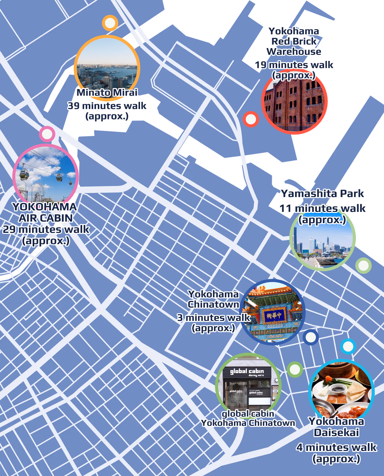 Map of Yokohama showing landmarks like Yokohama Air Cabin, Minato Mirai, Yokohama Red Brick Warehouse, Yamashita Park, Yokohama Chinatown, Global Cabin Yokohama Chinatown, and Yokohama Daisekai with approximate walking times.