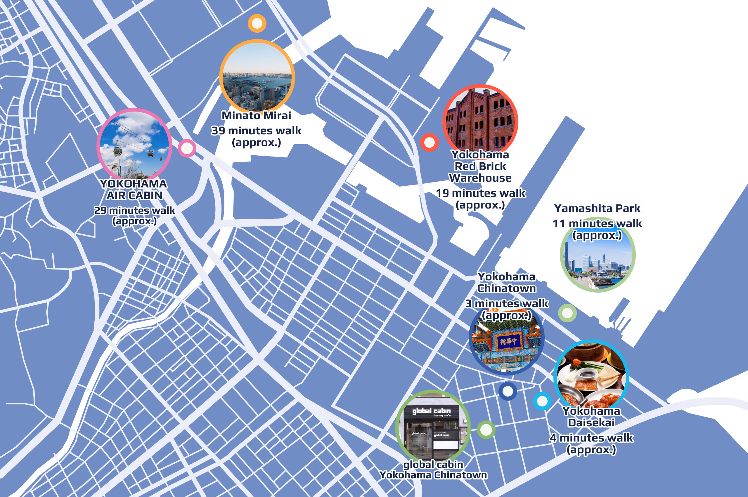 Map of Yokohama showing landmarks like Yokohama Air Cabin, Minato Mirai, Yokohama Red Brick Warehouse, Yamashita Park, Yokohama Chinatown, Global Cabin Yokohama Chinatown, and Yokohama Daisekai with approximate walking times.
