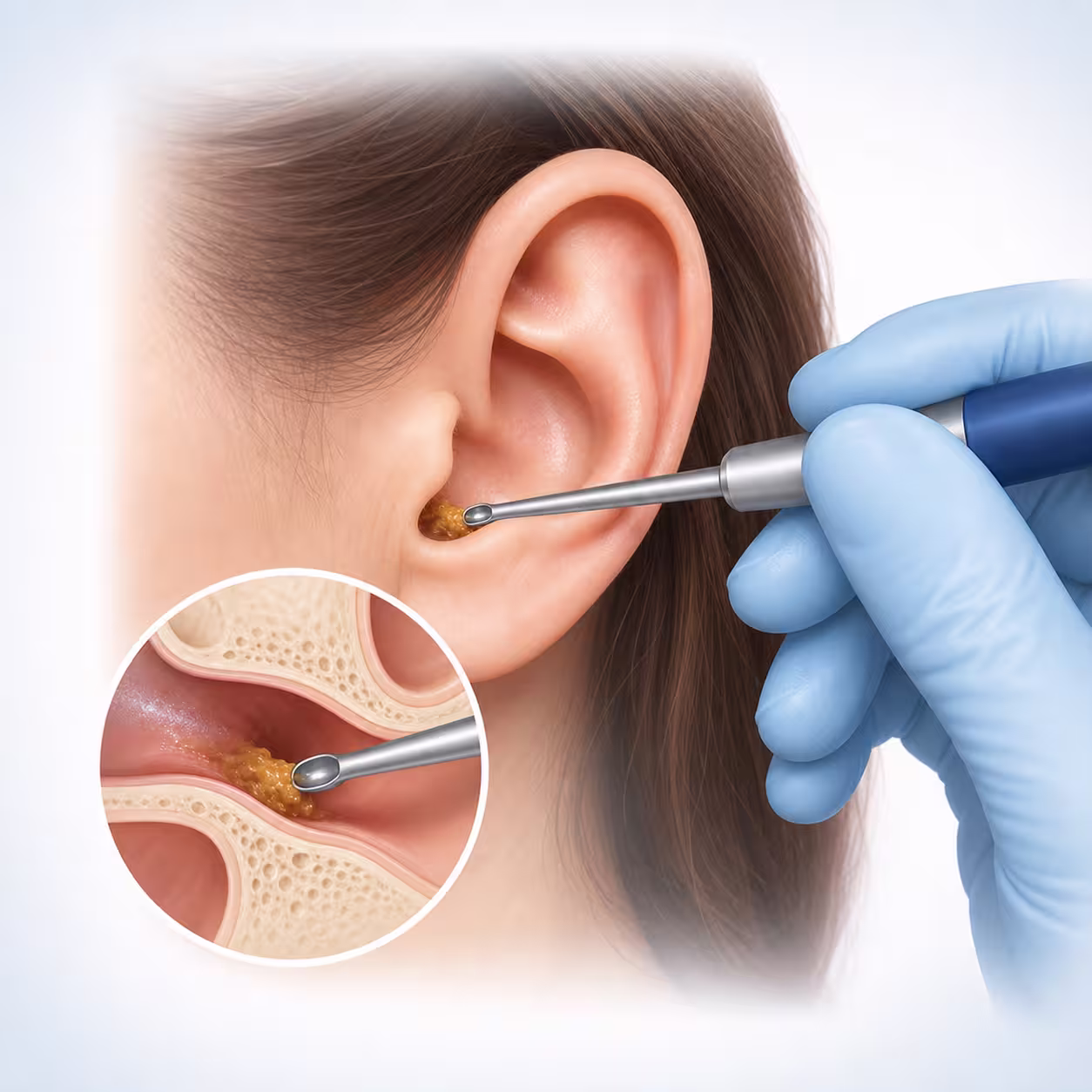 Gloved hand using a tool to microsuction earwax from a person's ear with a close-up inset.