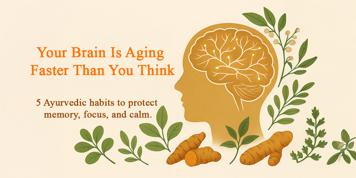 Illustration of a human brain with Ayurvedic herbs like turmeric and medicinal plants representing natural practices for memory, focus, and brain health