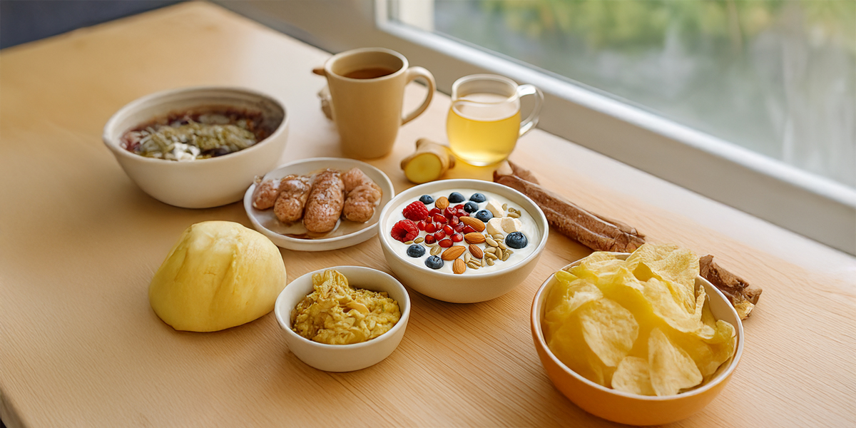 Healthy breakfast with fruits, yogurt, nuts, tea and balanced foods representing protein-rich breakfast and circadian rhythm-friendly eating habits