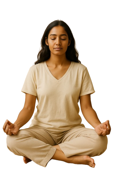 Woman meditating in a calm pose representing improved digestion, metabolic balance, and wellbeing during Ayurvedic fatty liver care.