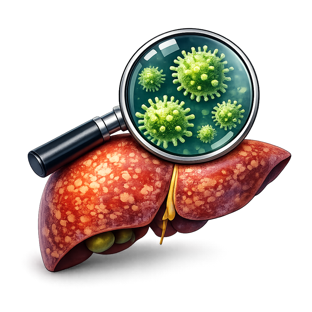 Medical illustration of an inflamed liver with virus particles under a magnifying glass representing hepatitis infection.
