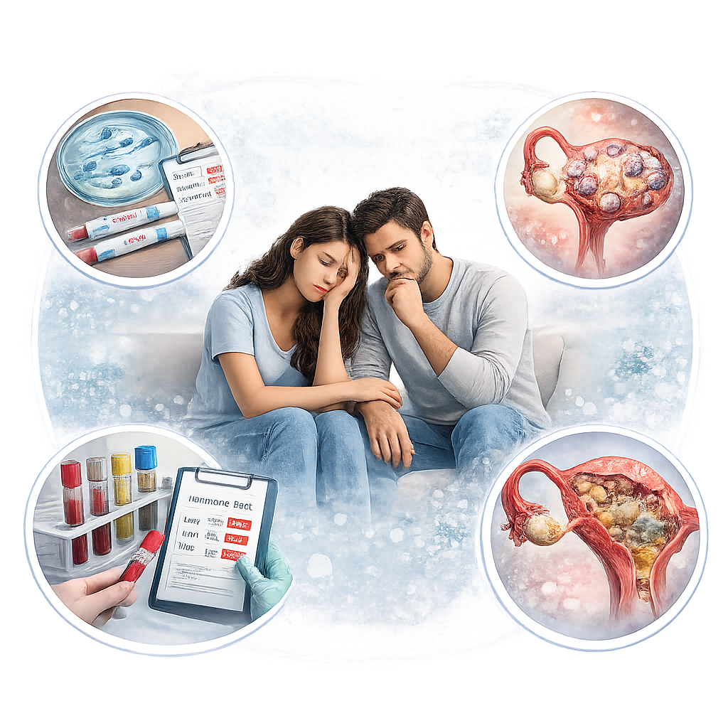 Couple consulting about fertility with illustrations of reproductive health indicators and laboratory tests.