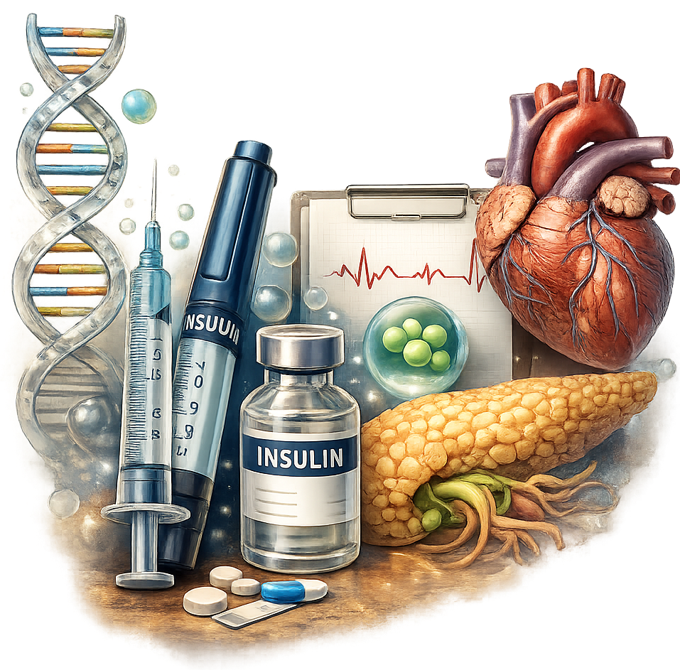 Medical illustration showing insulin, pancreas, and blood sugar monitoring tools representing diabetes and metabolic health.