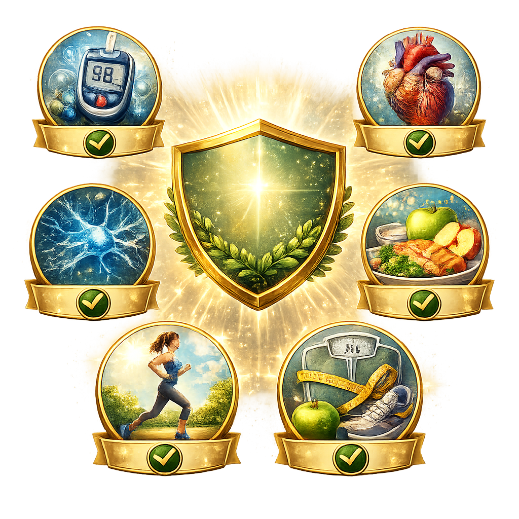 Illustration showing diabetes monitoring, heart health, exercise, and nutrition representing comprehensive metabolic health management.