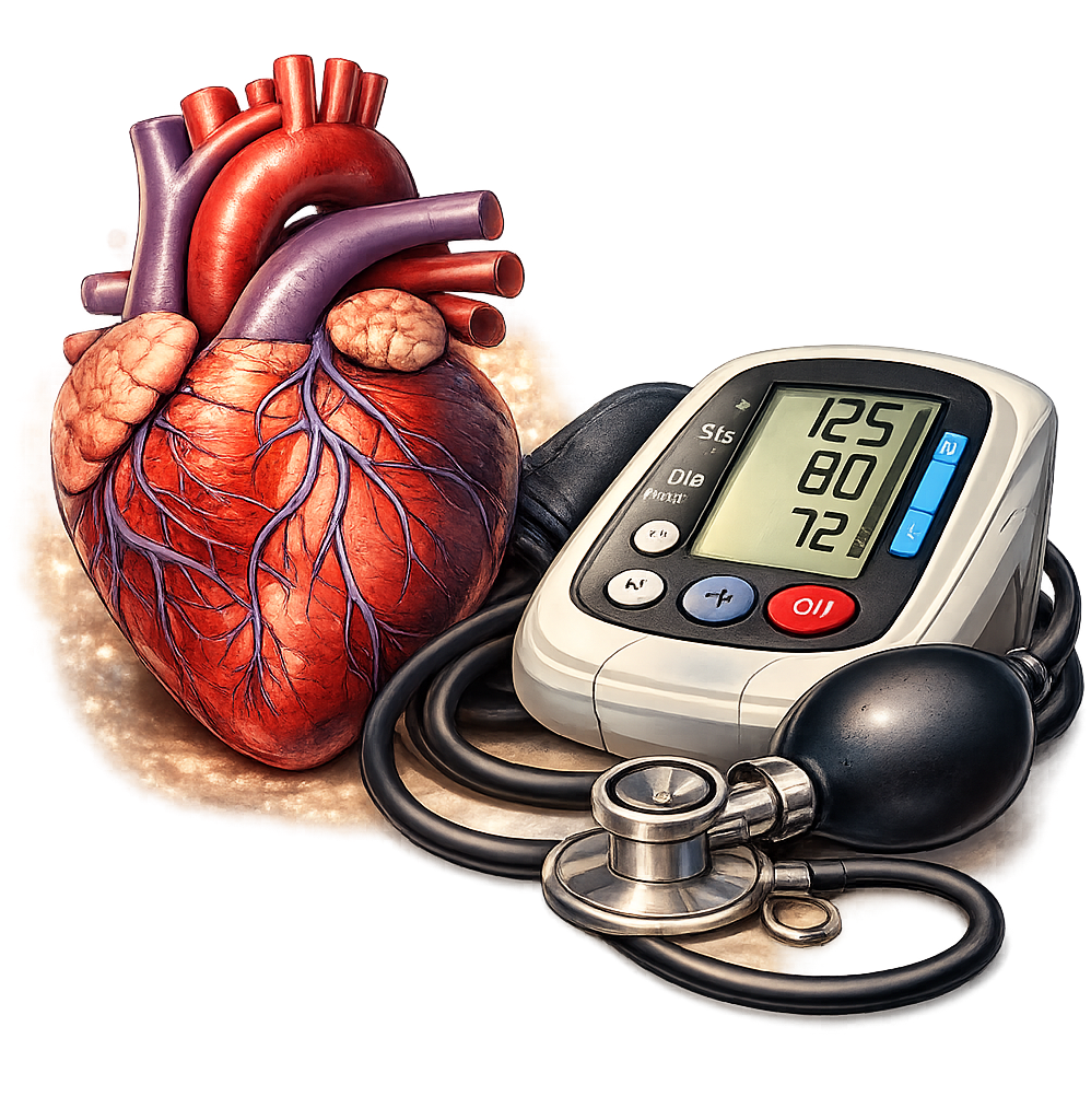 Illustration of the human heart with a blood pressure monitor representing cardiovascular health and heart care.