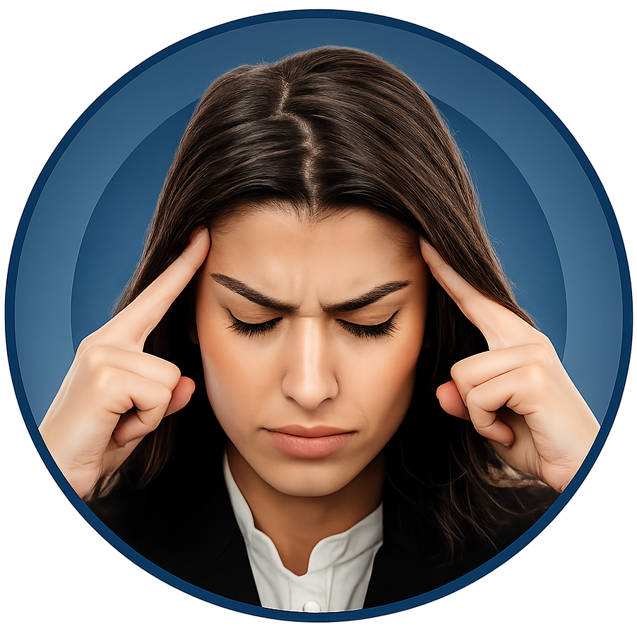 Woman pressing her temples with a pained expression representing migraine headache and head pressure.