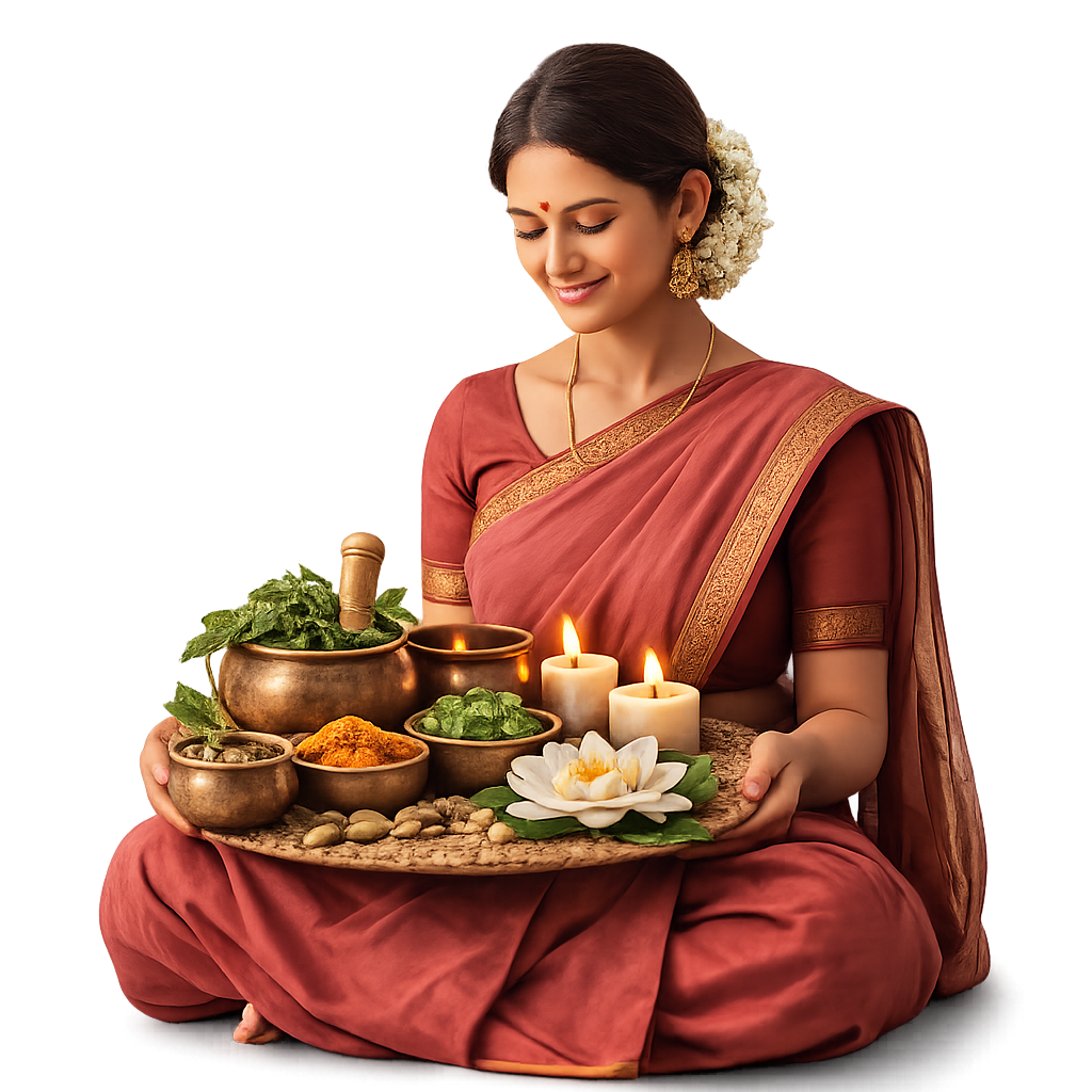 Woman in traditional attire holding Ayurvedic herbs and oils representing holistic reproductive and intimate wellness care.