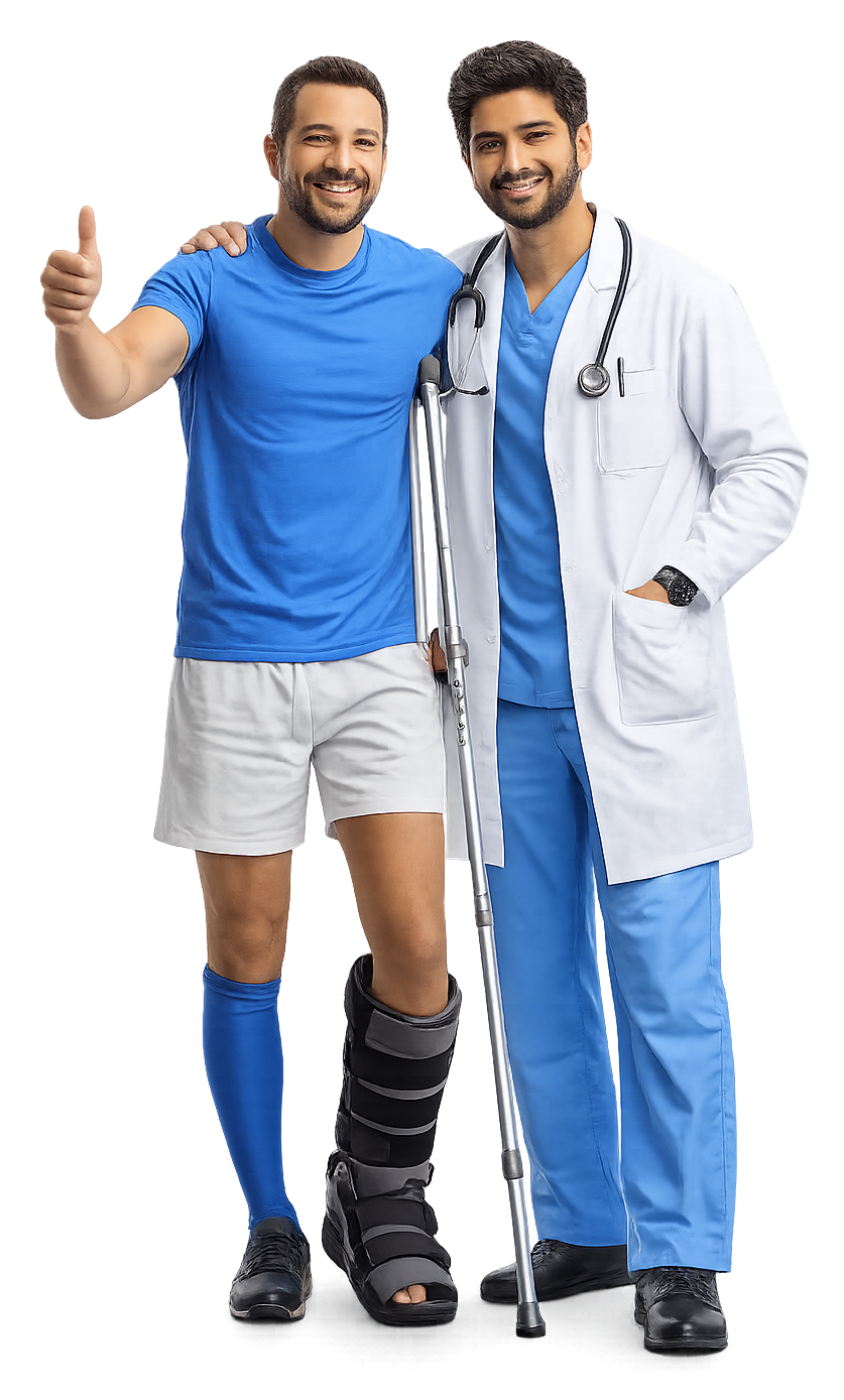 Patient recovering from injury standing beside a doctor with a crutch, representing post-accident rehabilitation and recovery care.
