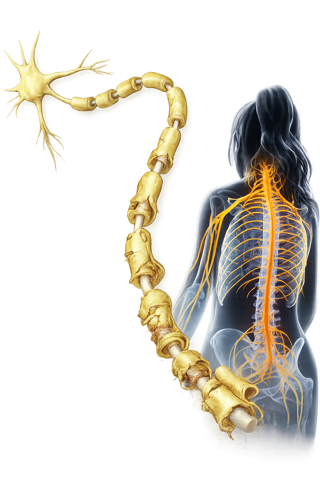 Medical illustration of the nervous system and spinal cord highlighting nerve damage associated with multiple sclerosis.