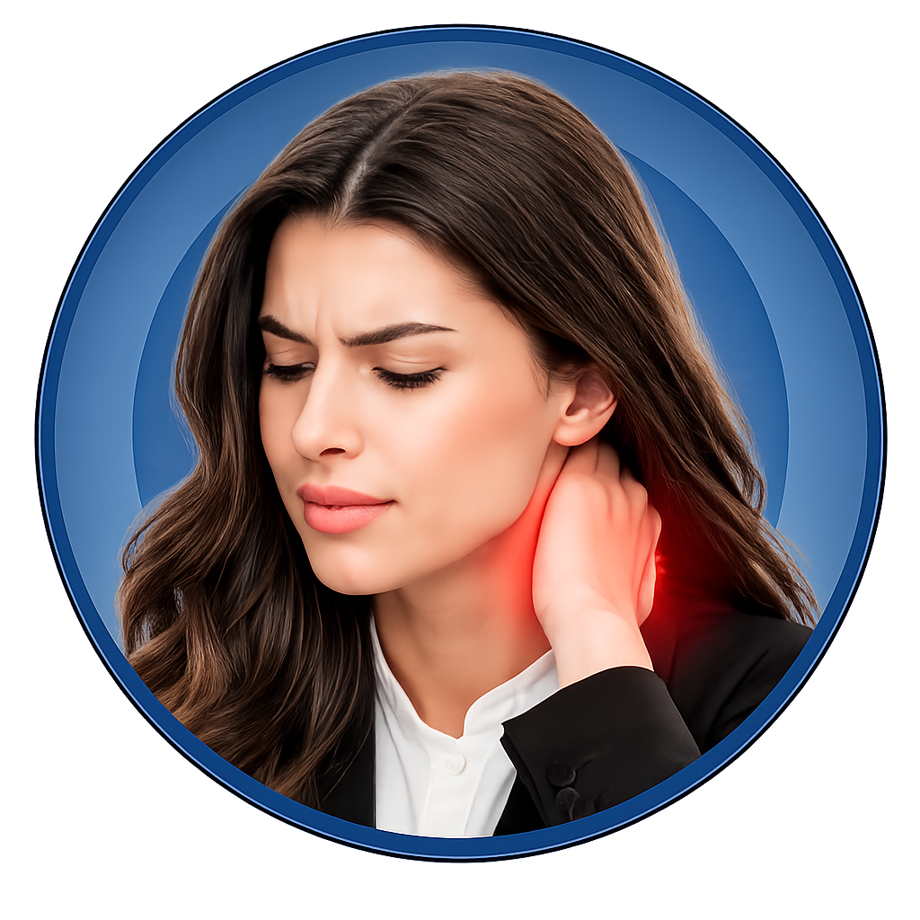 Woman holding the side of her neck with highlighted pain area representing reduced neck stiffness and improved mobility.