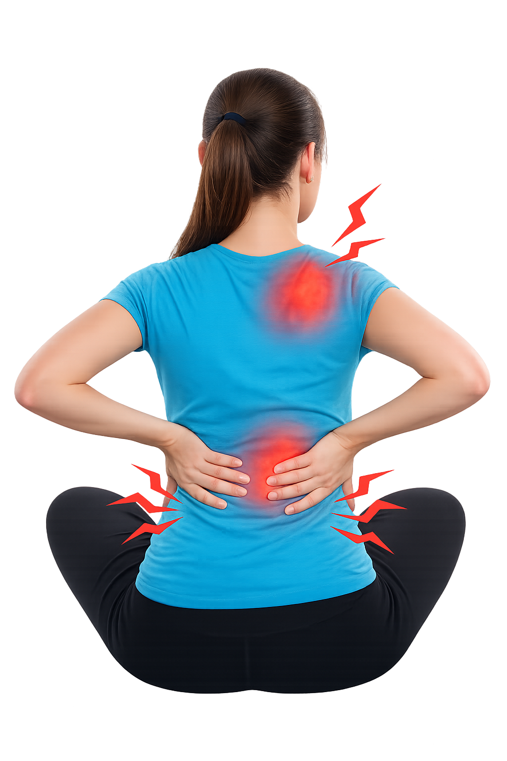 Woman holding her lower back with highlighted pain points along the spine, representing back pain and spinal discomfort.