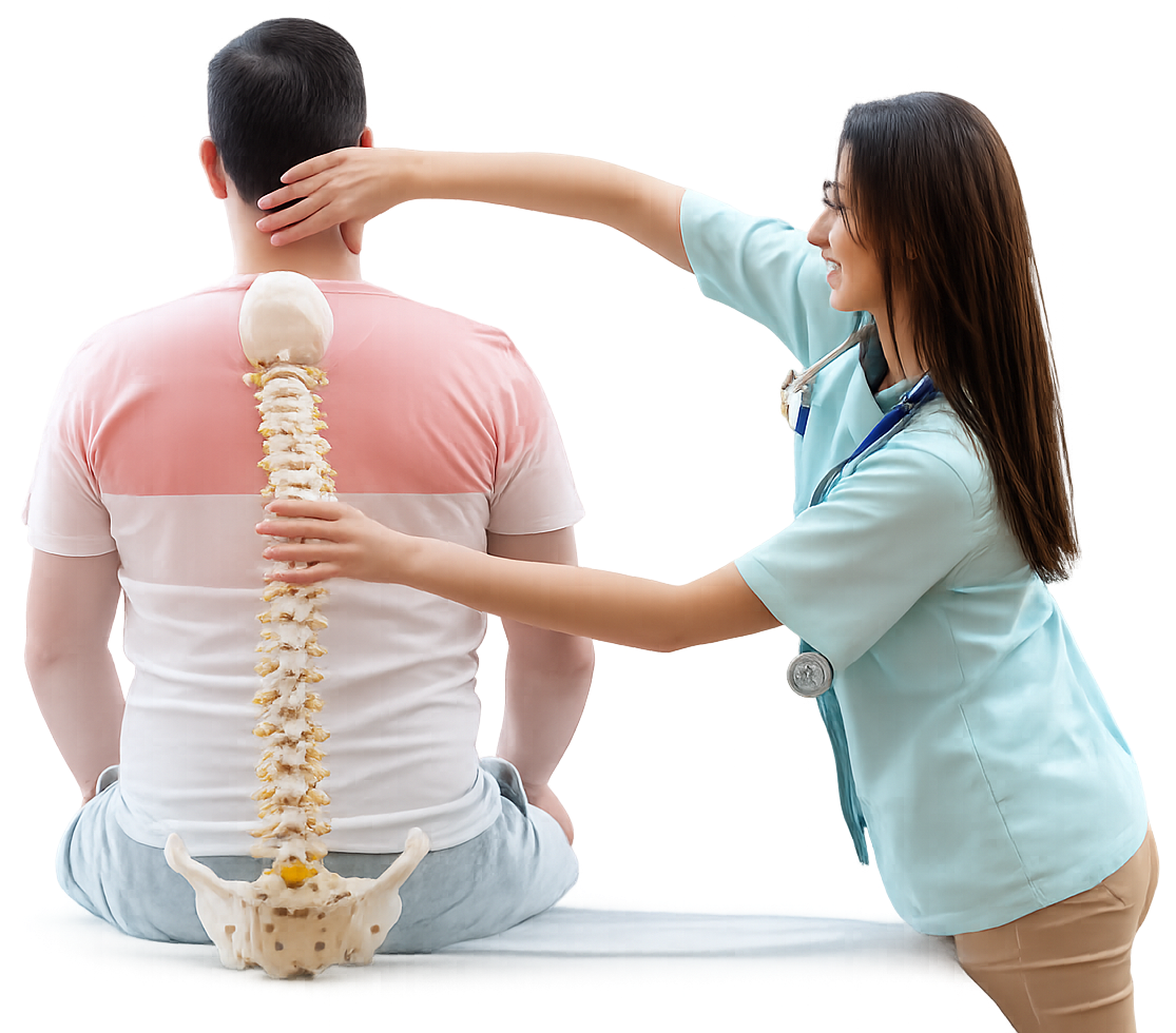 Physiotherapist examining a patient’s spine with anatomical spine model, representing improved mobility, reduced lower back pain, and spinal support.