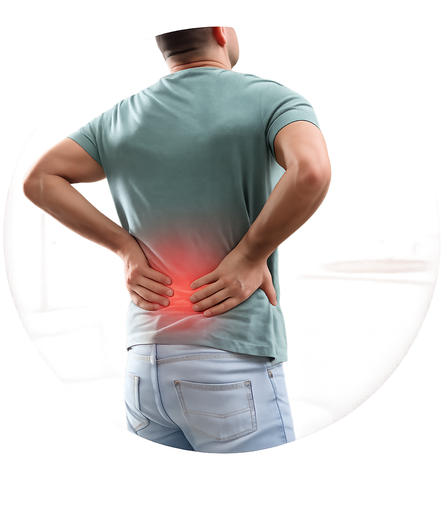 Man holding his lower back with highlighted lumbar spine area indicating lumbar spondylitis pain and spinal discomfort.