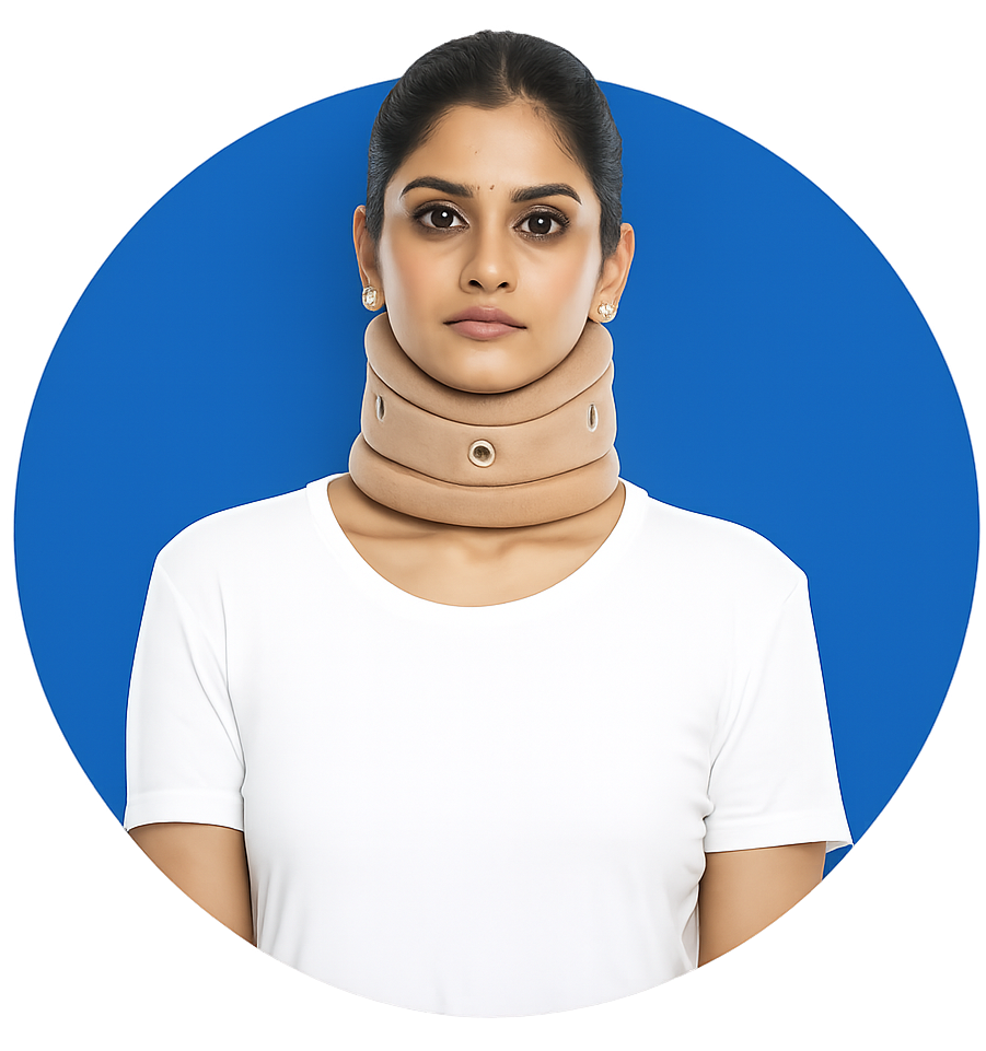 Woman wearing a neck brace to support cervical spine, representing cervical spondylitis and neck pain management.