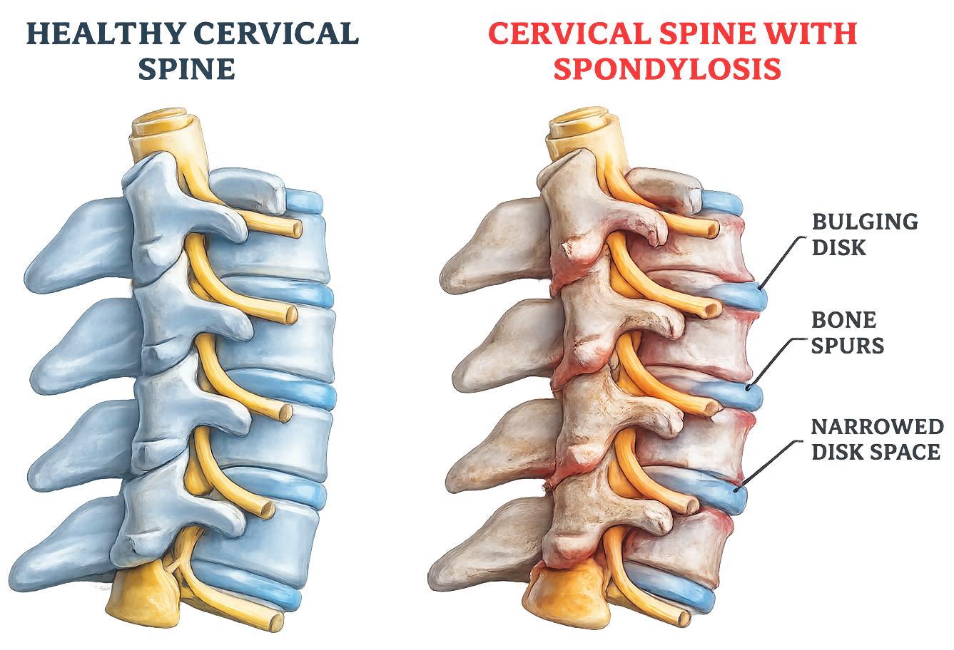 Medical illustration comparing healthy cervical spine and cervical spondylosis showing disc degeneration, bone spurs, and narrowed disc space.