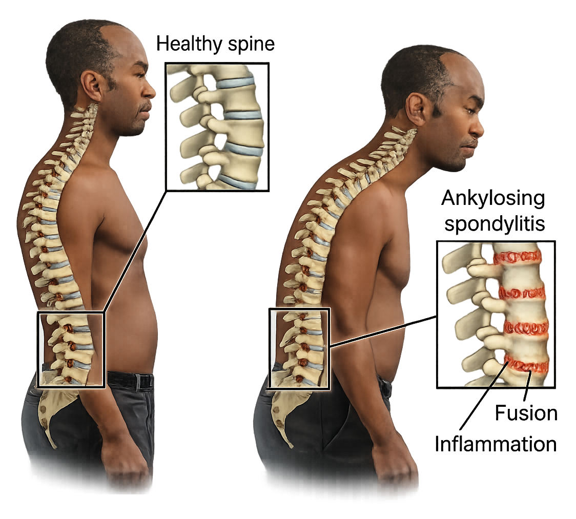 Medical illustration comparing healthy spine and ankylosing spondylitis with inflammation and spinal fusion affecting posture and mobility.