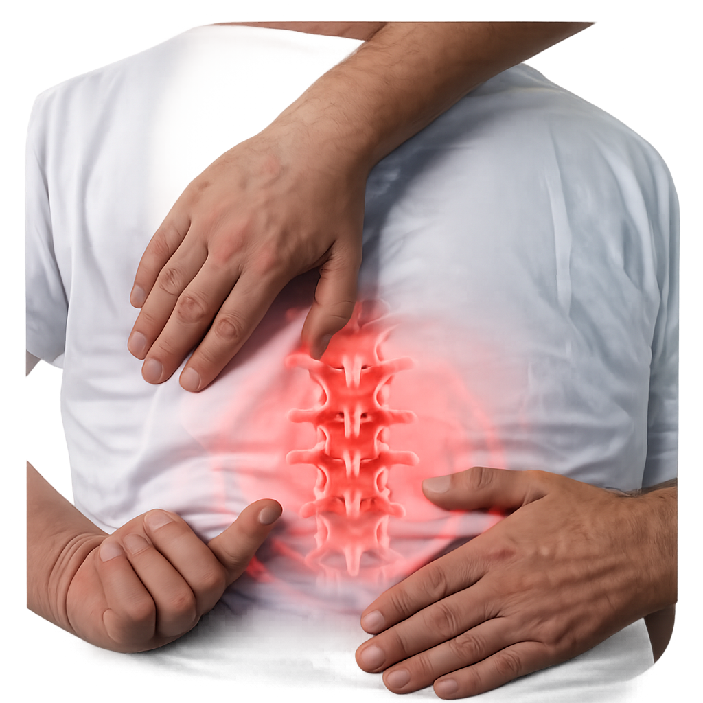 Person holding lower back with highlighted spine indicating ankylosing spondylitis inflammation and spinal stiffness.