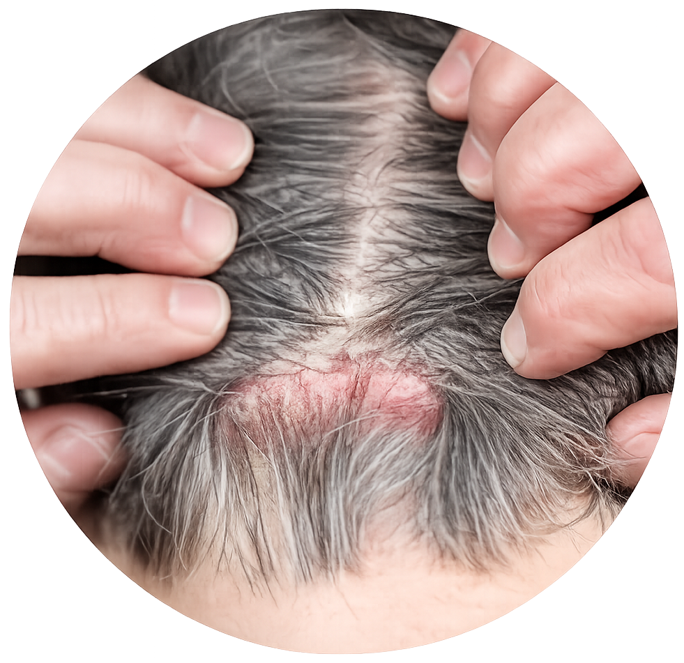Close-up of scalp psoriasis with red scaly patches, representing care focused on reducing itching, scaling, and skin discomfort.