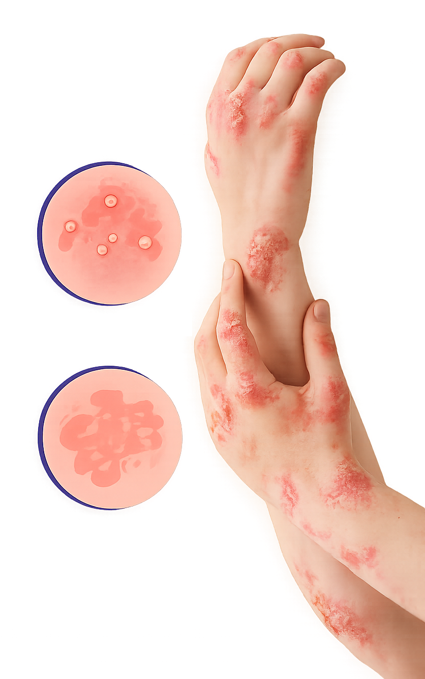 Hands showing red inflamed psoriasis patches with skin irritation and scaling, representing chronic inflammatory skin condition.