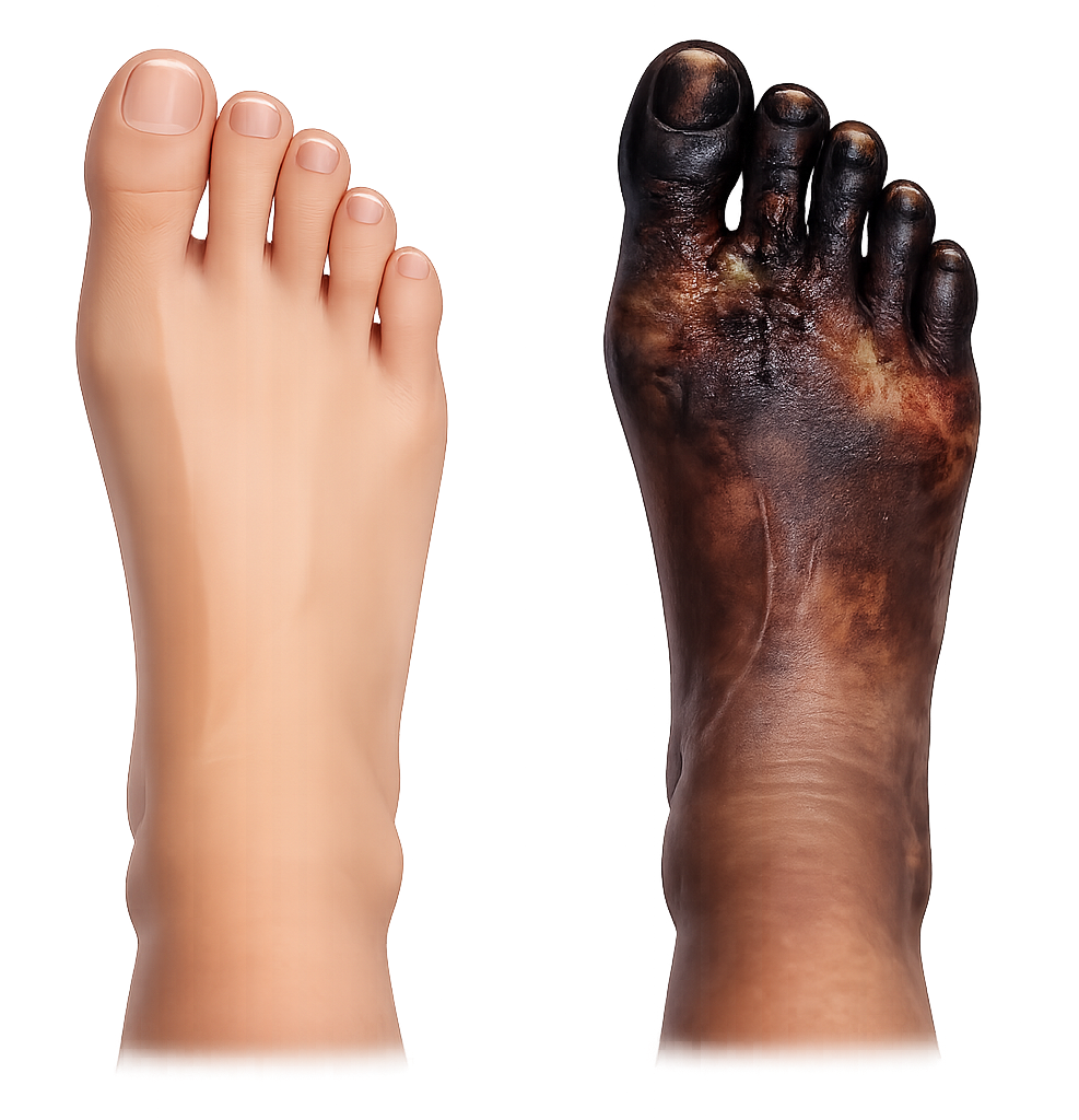 Comparison illustration of a healthy foot and a gangrene-affected foot showing tissue damage, representing care focused on circulation and tissue health.