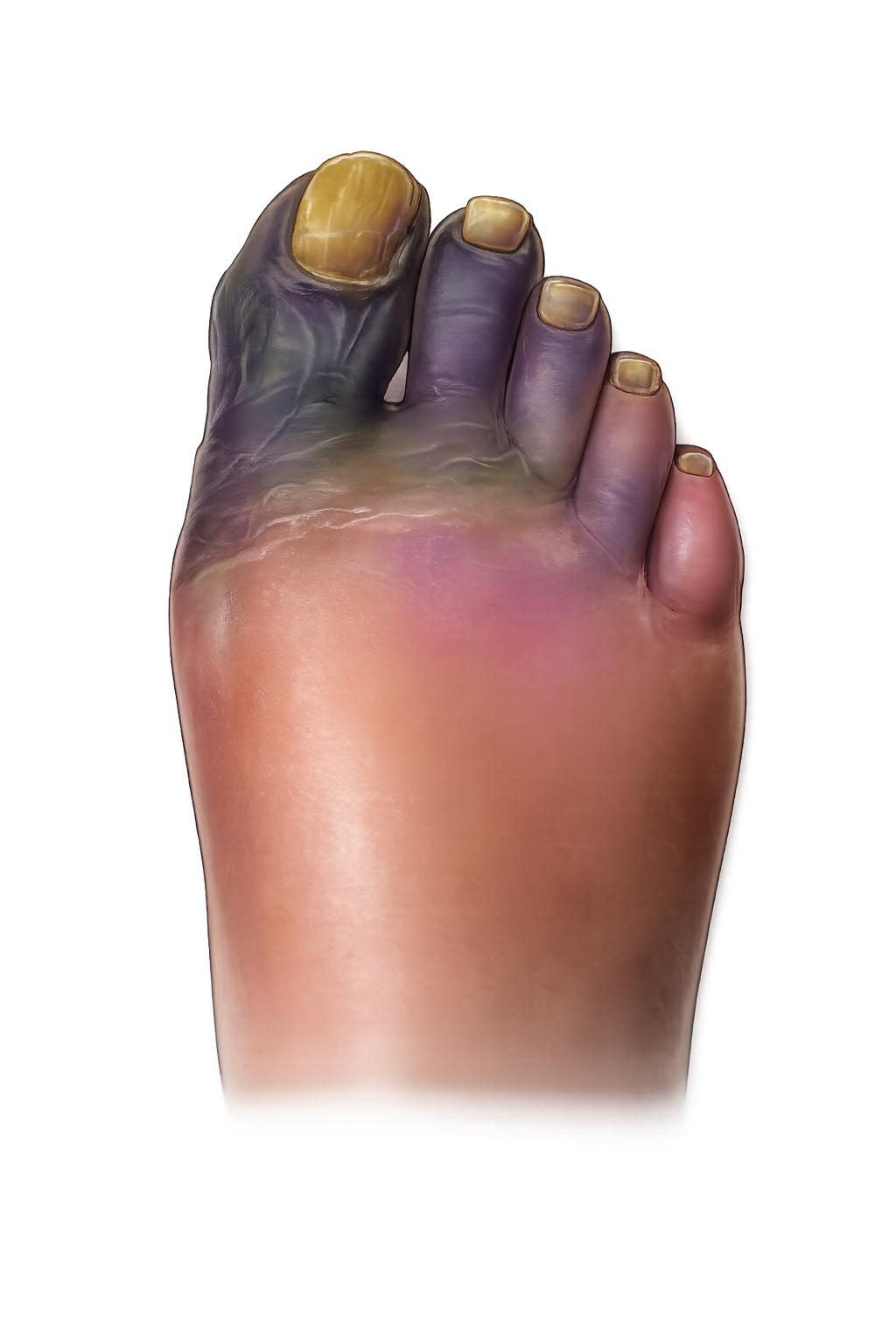 Medical illustration of a foot affected by gangrene showing tissue discoloration caused by poor blood circulation and tissue damage.