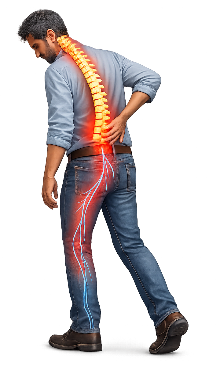 Man experiencing lower back pain with highlighted spine and sciatic nerve, representing lumbago and lumbar spine discomfort.