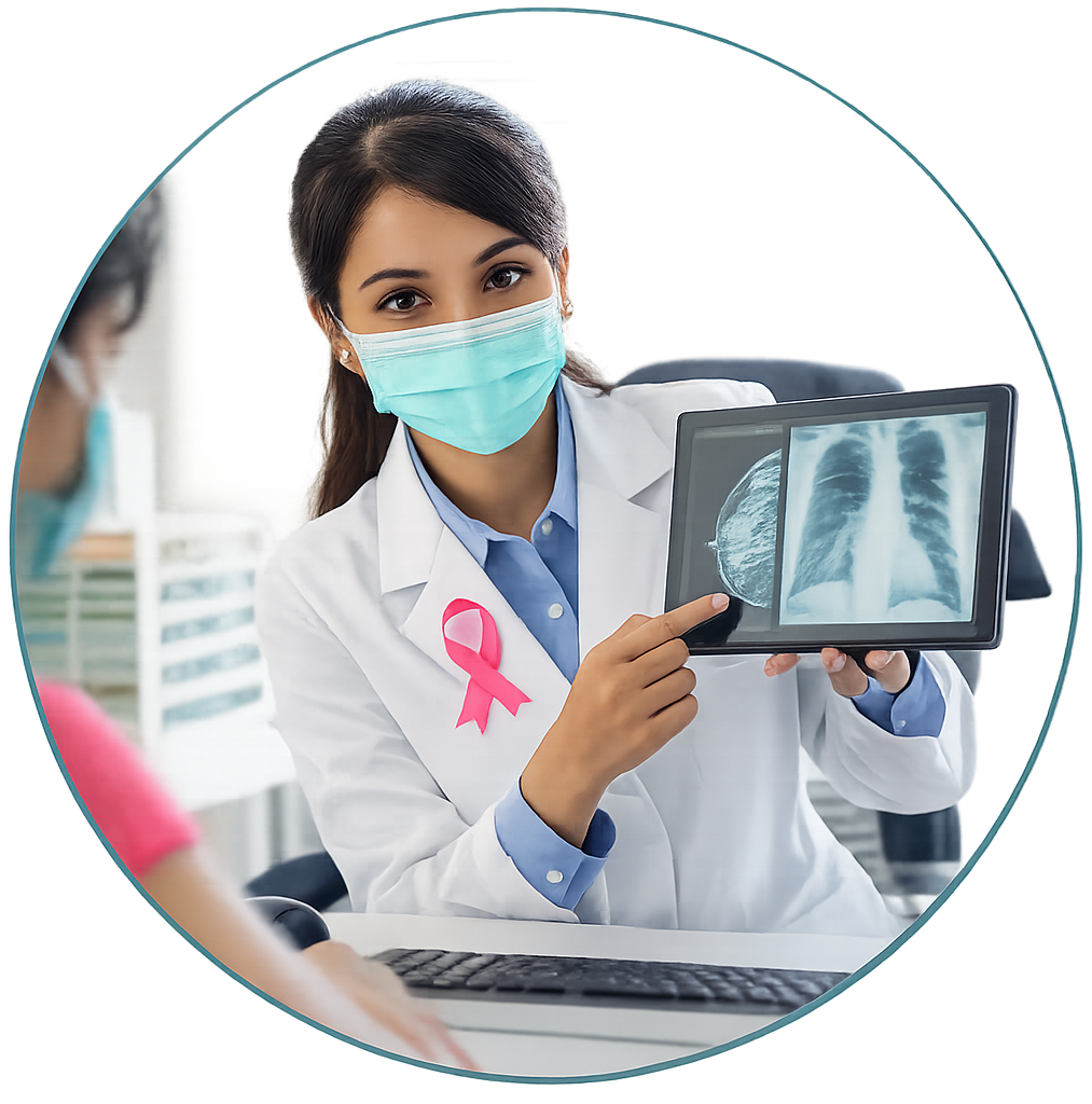 Doctor discussing lung scan results with a patient, representing physician-guided supportive cancer care and medical consultation.