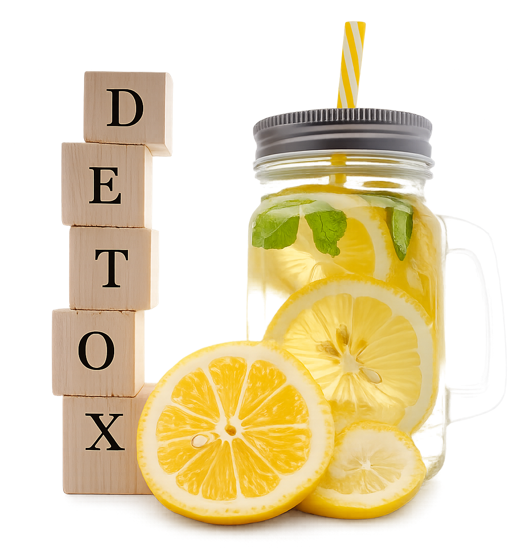 Lemon detox drink with fresh lemon slices and wooden blocks spelling detox representing natural body cleansing
