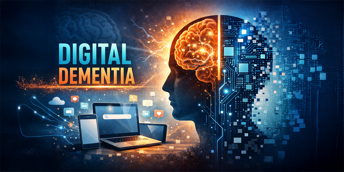 Concept illustration showing digital overload affecting brain function with smartphone and laptop usage linked to reduced focus and memory performance