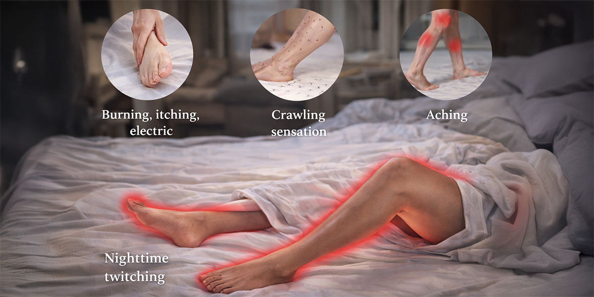 Person lying in bed with highlighted legs showing symptoms of restless legs syndrome including burning, crawling sensation, and nighttime leg twitching