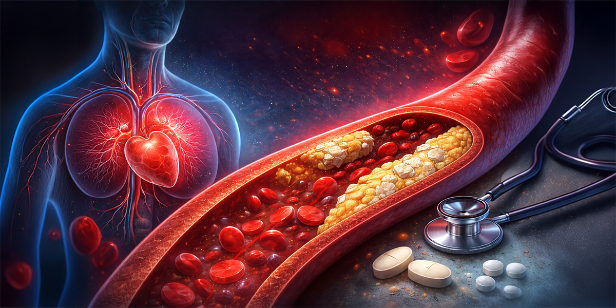 Medical illustration showing arterial plaque and calcification inside a blood vessel with heart and medical tools representing cardiovascular disease risk