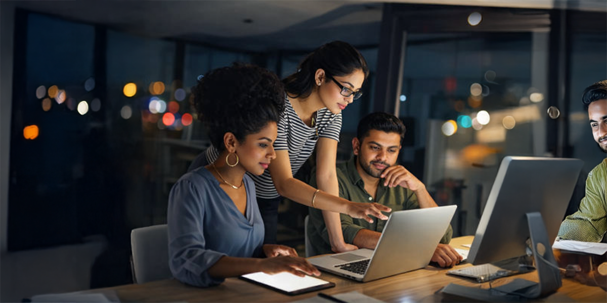 Group of professionals working late at night on computers representing night shift work and its potential impact on circadian rhythm and metabolic health