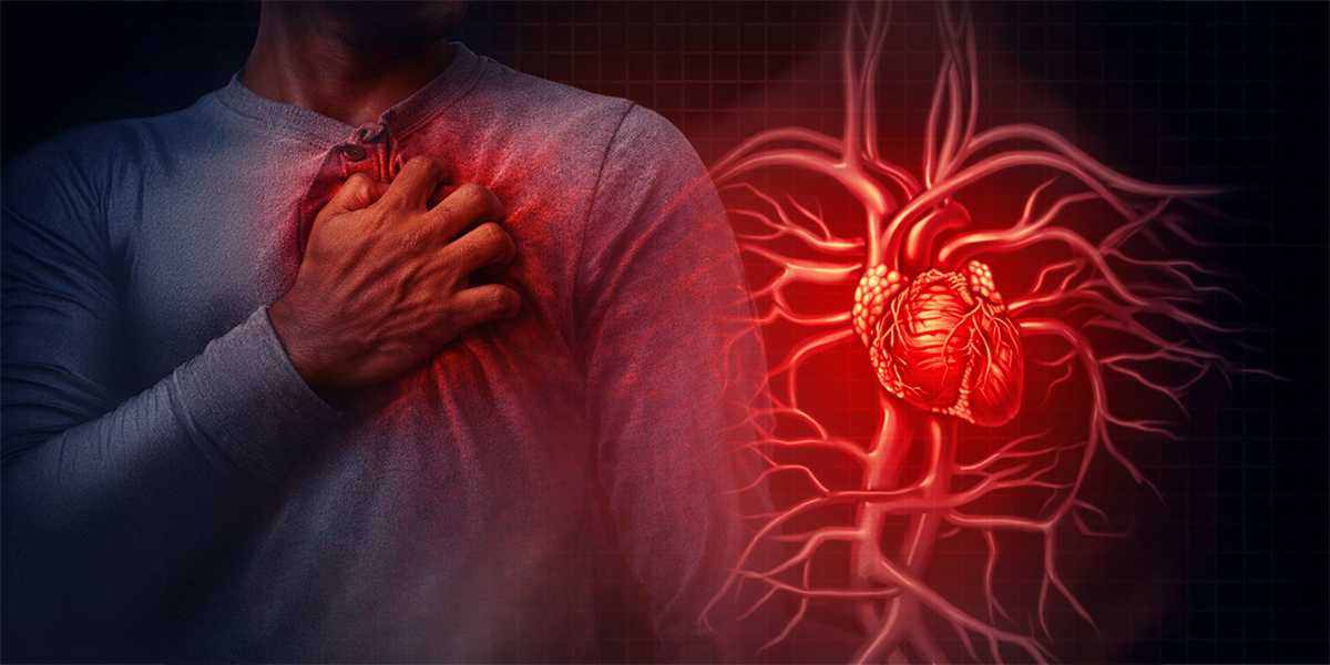 Person experiencing chest pain with medical illustration of heart and arteries highlighting hidden cardiovascular disease risk