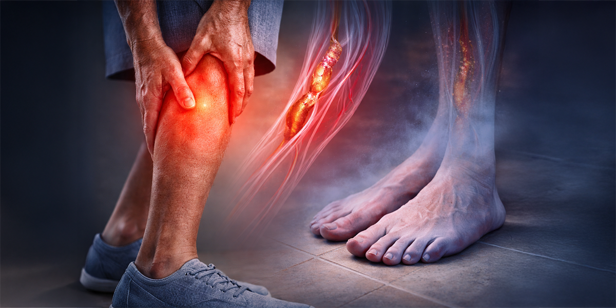 Person holding painful leg with medical illustration of blocked artery and poor blood circulation in the lower limb