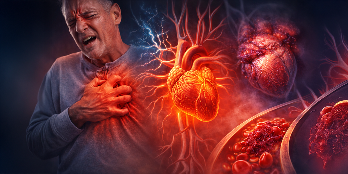 Man experiencing chest pain with medical illustration of inflamed heart and arteries representing heart attack risk and unstable plaque