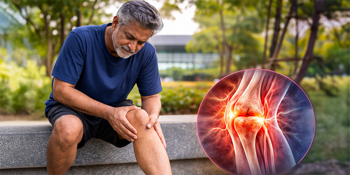 Middle-aged man holding painful knee with medical illustration of inflamed knee joint representing osteoarthritis and joint pain