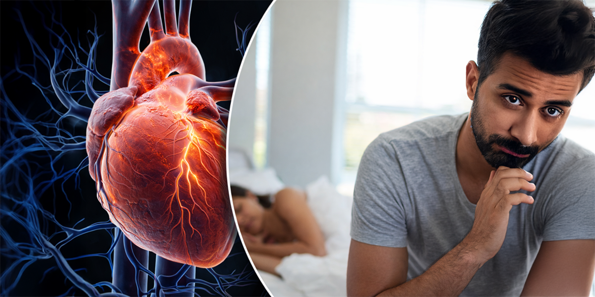 Man concerned about erectile dysfunction with medical illustration of heart and blood vessels representing cardiovascular health connection